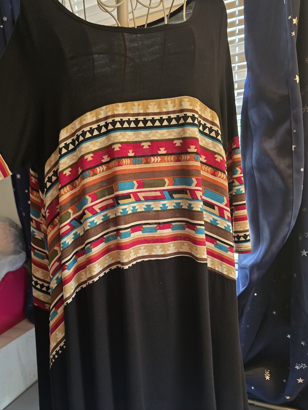 Mid Length Sleeve Dress with Multicolor Aztec Stripe- And Pockets!